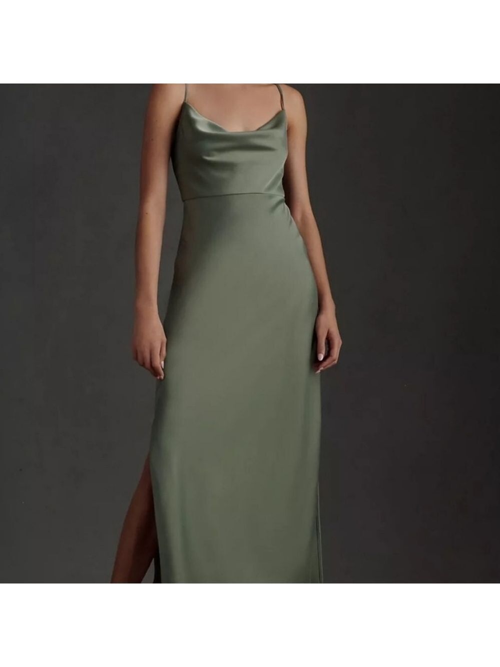 BHLDN Olive Green Satin Midi Slip Dress